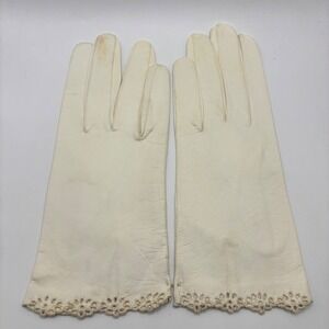 Vintage Guanti di Lusso Italian Capretto Leather Gloves White Lace Trim Size 8